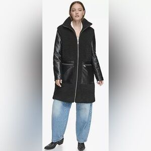 Marc New York Andrew Marc Black Sherpa Jacket with Faux Leather Sleeves Size S